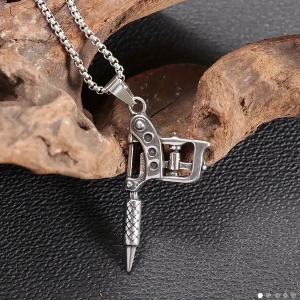 Classic Tattoo Gun Necklace Silver Brand New